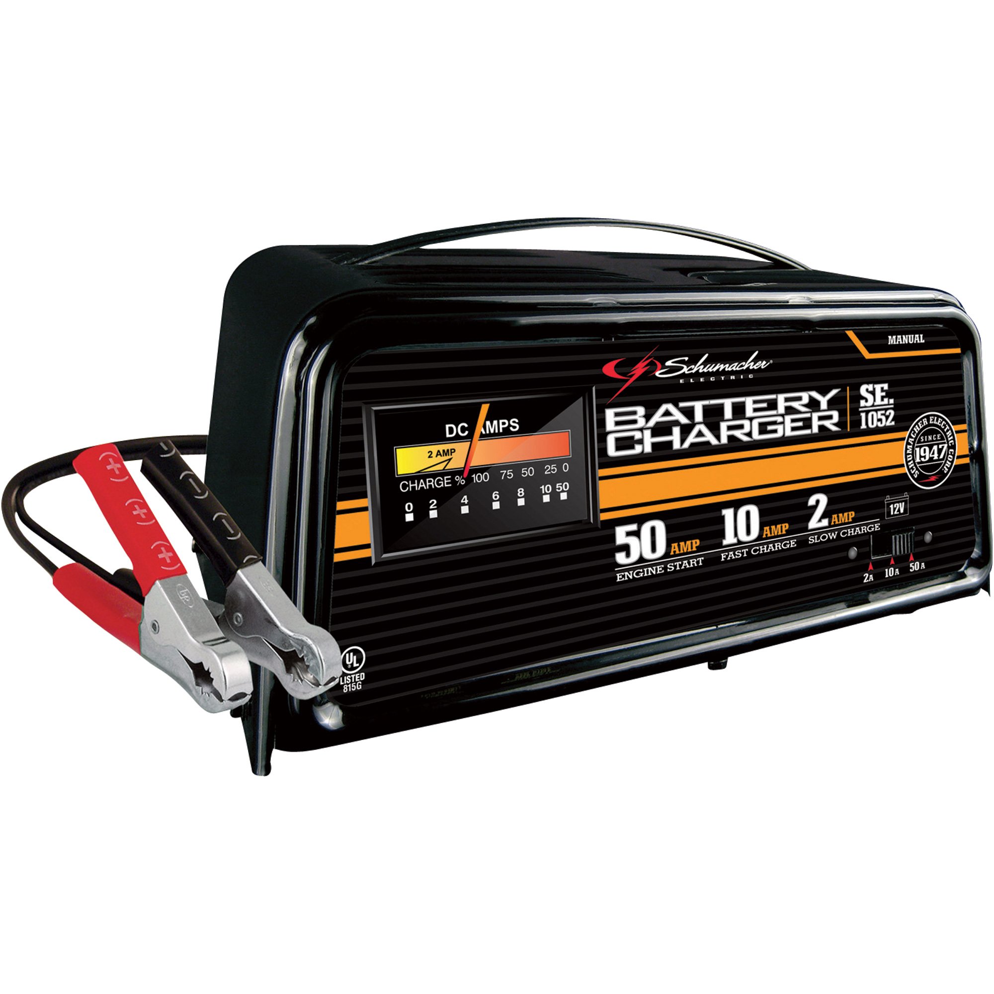 Please See Replacement Item# 62079. Schumacher Handheld Portable Battery Charger with Engine Start — 50/10/2 Amp, Manual, Model# SE-1052